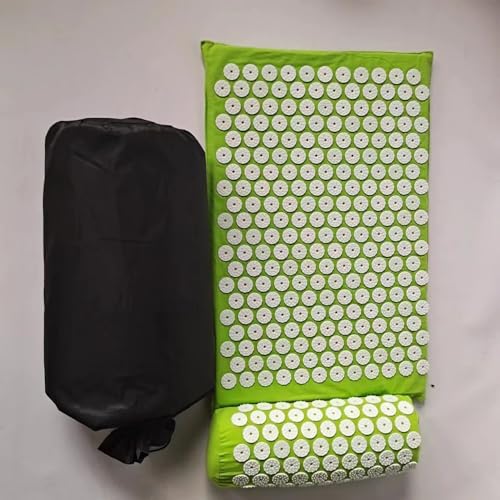 OGXN 鍼治療マット、フィットネスエクササイズマット、ロータスマット、ヨガ用品、マッサージマット、ツボマッサージ、深いリラクゼーション、鍼治療 (黄緑色,枕+クッション+収納袋)