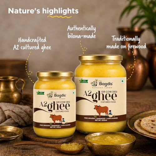 Image of The Bagdis Organic A2 Gir Cow Cultured Ghee - 200 ml | Hand-Churned Cultured Bilona Ghee | Grass-Fed, 100% Pure & Natural, High Smoke Point, | Glyphosate Free