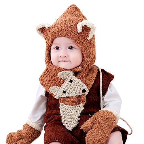 3Pcs Toddler Girls&Boys Baby Winter Warm Cute Fox Ear Crochet Knit Hat Beanie Cap Scarf Shawl Gloves Set (Coffee, 6M-3 Y Baby)