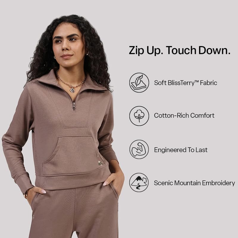 Image of BlissTerry Half Zip | Zippered front |Convertible collar to style |Kangaroo pocket for essentials |Ribbed cuffs |Cropped length