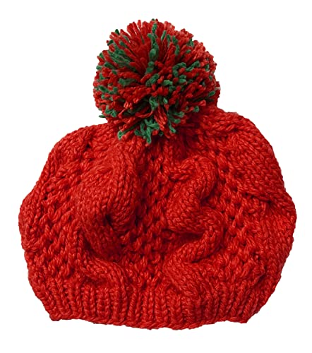 BIBITIME Women Winter Beanie Beret Hat Handmade Cable Knitted Pom Ball Warm Cap (Large for Adult, Red)