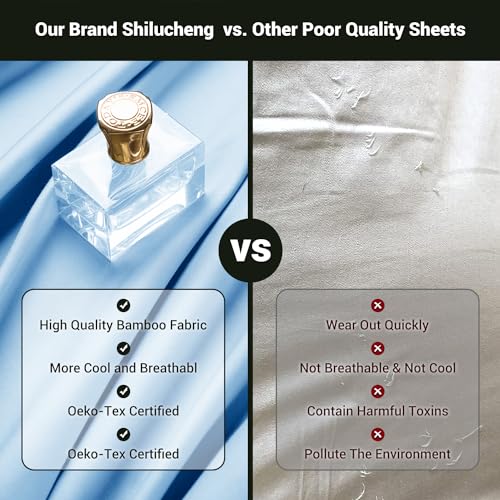 Image of Shilucheng 4 Piece Queen Sheet Sets, Cooling Sheets, Blend Rayon Derived from Bamboo, Deep Pocket Up to 16 inch, Breathable & Soft Bed Sheets, Hotel Silky Bedding Set, Lake Blue