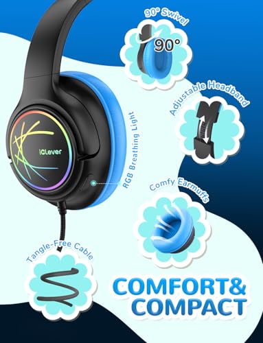 Image of iClever Kids Wired Headphones with LED Light, 85dBA Safe Volume Kids Headphone with Cord, Stereo Sound Foldable Adjustable, USB C Kid Headphones for School /Boys /Girls /iPad, Blue Black
