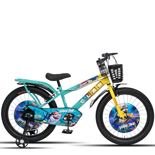 Image of Shark Tank 20 Inch Kids Bicycle with Training Wheels, Front Basket, Water Bottle, Rear Carrier & Full Chain Cover for Boys and Girls Ages 7-9 (Yellow /Sea Blue)