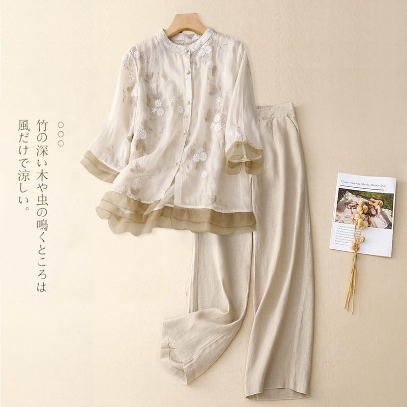 Women Linen Shirt Set Summer Blouse Wide Leg Pants Casual Outfit