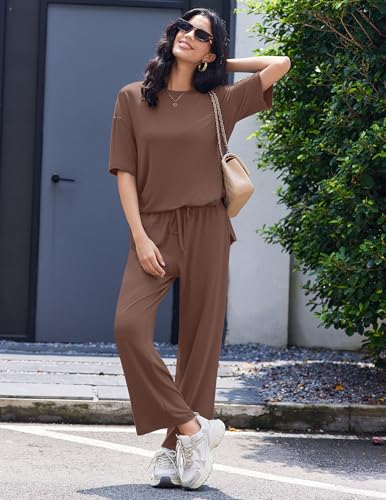 Image of Ekouaer Lounge Sets for Women Short Sleeve Tops and Long Pants Soft Comfy Pajamas Set 2 Piece Outfits