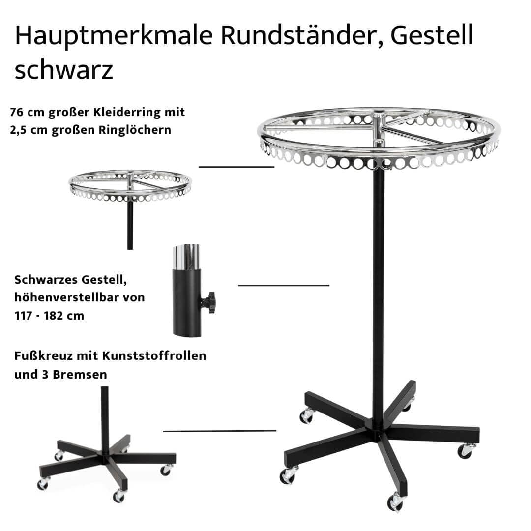 goodsforbusiness GmbH Kleiderständer rund rollbar schwarz, höhenverstellbar 117–182 cm, Rundständer Ring 76 cm, Ringständer Gestell schwarz, Ring verchromt 77 Ringlöcher