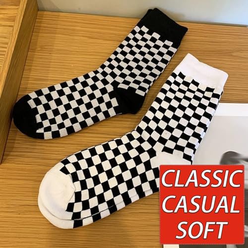 CHUNFO Womens Crew Socks Plaid Striped Casual Running Athletic White Grey Brown Checkerboard Crew Socks Size5-94