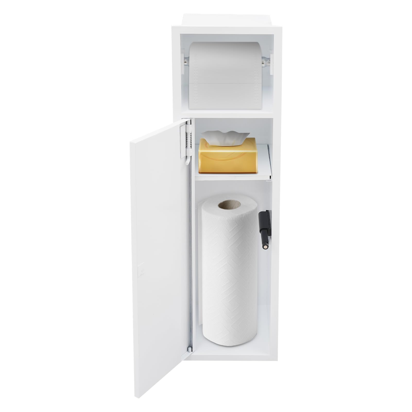 Porta carta igienica da incasso, in acciaio inox, con nicchia da parete per bagno, armadietto da bagno con ante dell'armadio, 2 ripiani + scomparto per porta, organizer da bagno per shampoo