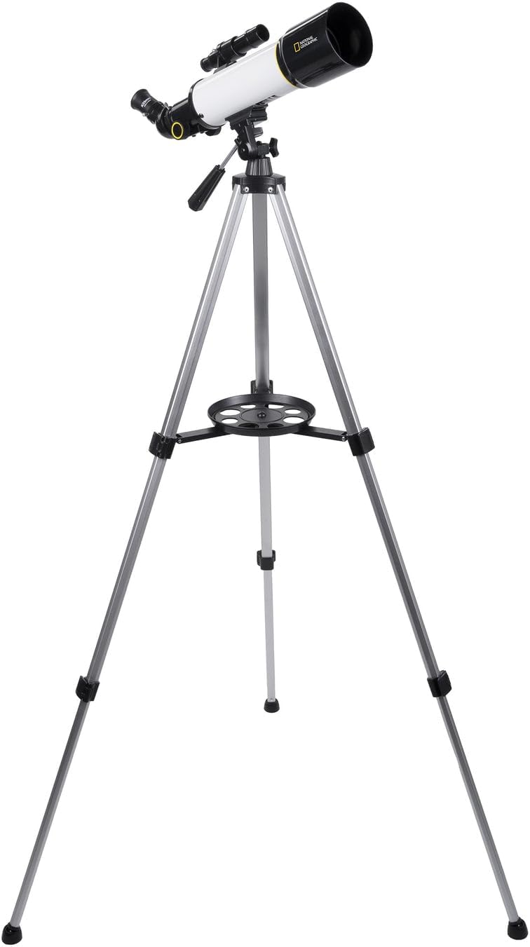 The National Geographic Sky View 70mm Refractor Telescope fully assembled on its tripod, ready for use.