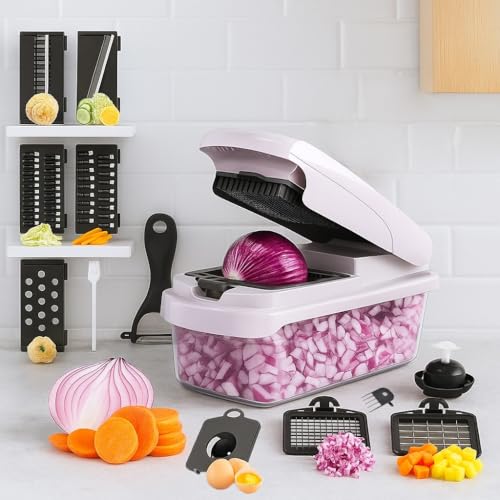 CHARBAG Vegetable Chopper & Cutter 15-in-1 – Manual Veggie Dicer, Onion Chopper, Salad Maker, Potato Slicer – Multi-Functional Kitchen Tool & Gadget – White