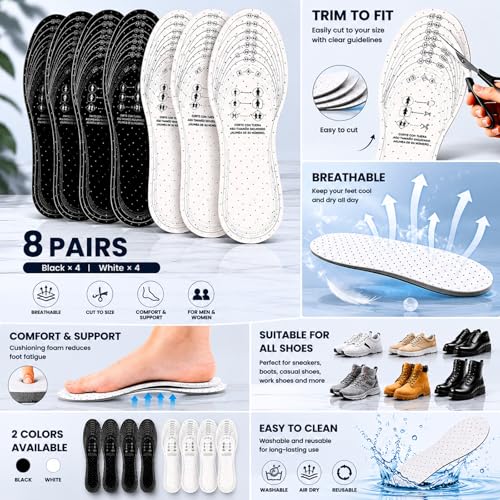 Image of 8 Pairs Breathable Shoe Insoles Inserts for Men Women, Double Layer Latex Foam Cushioning Insoles, Perforated Trim-to-Fit Replacement Shoe Inserts for Walking, Running, Work Shoes, Sizes(Black, White)
