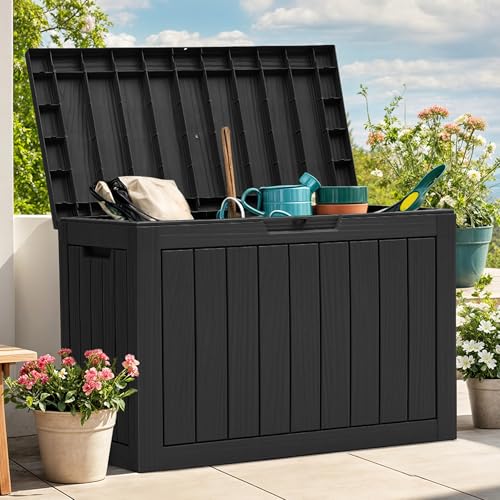 YITAHOME Outdoor Storage Box 45 Gallon Waterproof Resin Deck Box Lockable Organizer for Patio Poolside Deck Cushions Throw Pillows Garden Tools Black