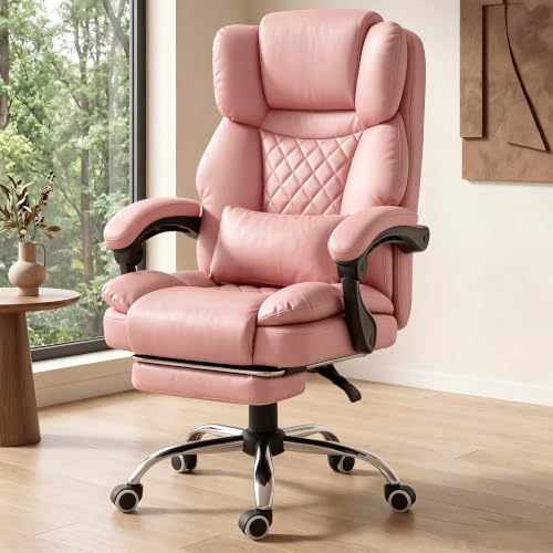Image of GTPLAYER Executive Office Chair Big and Tall Leather Gaming Chair with Pocket Spring Cushion & Ergonomic Lumbar Support for Lower Back Pain Relief, Comfy Desk Chair with Footrest, Pink