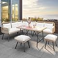 YITAHOME Patio Wicker L-Shaped Furniture Set, All-Weather Rattan Outdoor Conversation Sofa Set for Backyard Deck with Soft Cushions,Ottomans and Plastic Wood Dining Table (Light Brown+Beige)