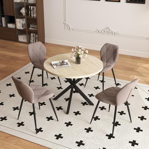 GrandCA HOME Ensemble Table et Chaises à Manger, Table à Manger Ronde de 100 cm et 4 Chaises en Lin Modernes, pour Salle à Manger, Cuisine, Salon (Travertin...