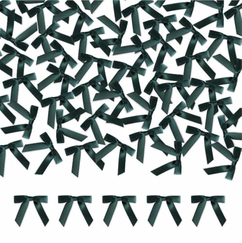 Meseey 100 Pcs 1.5 Inches Premade Craft Bows Self Adhesive Dark Green Satin Ribbon Bows for Treat Bags Gift Wrapping Basket Wedding Baby Shower Brithday Party(Dark Green)