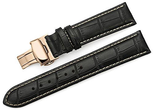 iStrap 18mm Genuine Leather Strap Butterfly Deployment Buckle Watch Band for Rose Gold Cases Black