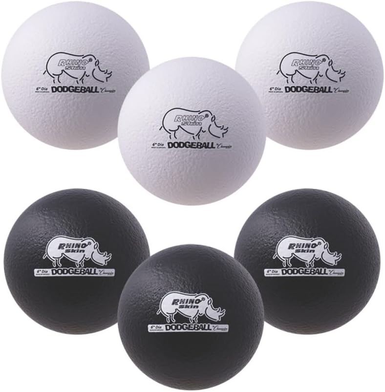 Champion Sports® Rhino Skin® Low Bounce Dodgeball Sets & Singles for Playground, PE, Backyard & League Games – Team Sports Equipment for Youth & Adults Black & White 6 Inch - Set of 6 Balls