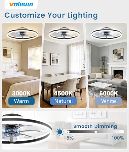 Image of VOLISUN Low Profile Ceiling Fans with Lights and Remote, 24in Flush Mount Ceiling Fans with Light, 3000K-6500K Dimmable Fandelier LED Fan Light, Black Bladeless Ceiling Fans with Lights for Bedroom