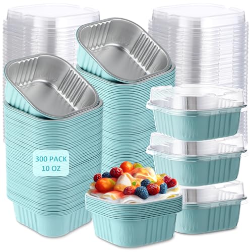 Aoriher 300 Pieces 10 oz Mini Cake Pans with Lids, Aluminum Foil Baking Cups, Square Disposable Cupcake Cups Baking Tins for Wedding Mothers Day Gift Birthday Party Supplies(Light Blue) by Aoriher - Used condition - US$65.54