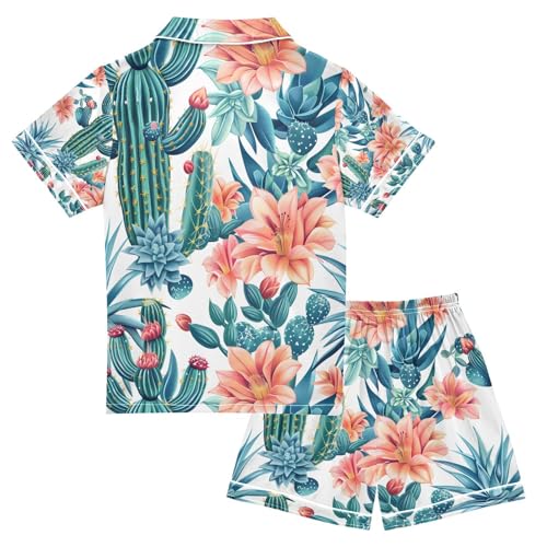 senya Succulent Plant A Satin Summer Pajama Sets Silk Short Sleeve Button Down Sleepwear2