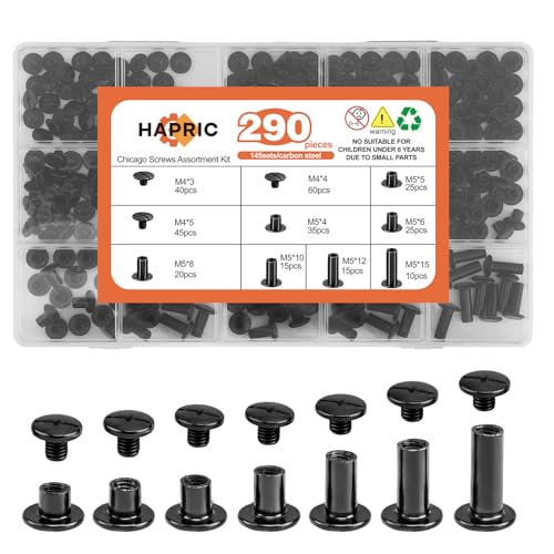 Hapric 145 Sets Chicago Screws for Leather 7 Sizes M5x4/5/6/8/10/12/15mm Gunmetal Black Screw Rivets Kit for Belts Bookbinding DIY Leather Projects