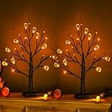 ZHOUDUIDUI 2Pack Halloween Tree, Black Spooky Tree with 24LED Orange Lights and 10 Pumpkin Ornaments Battery Powered 18IN Lighted Halloween Bonsai Tree for Indoor Tabletop Halloween Party Decoration