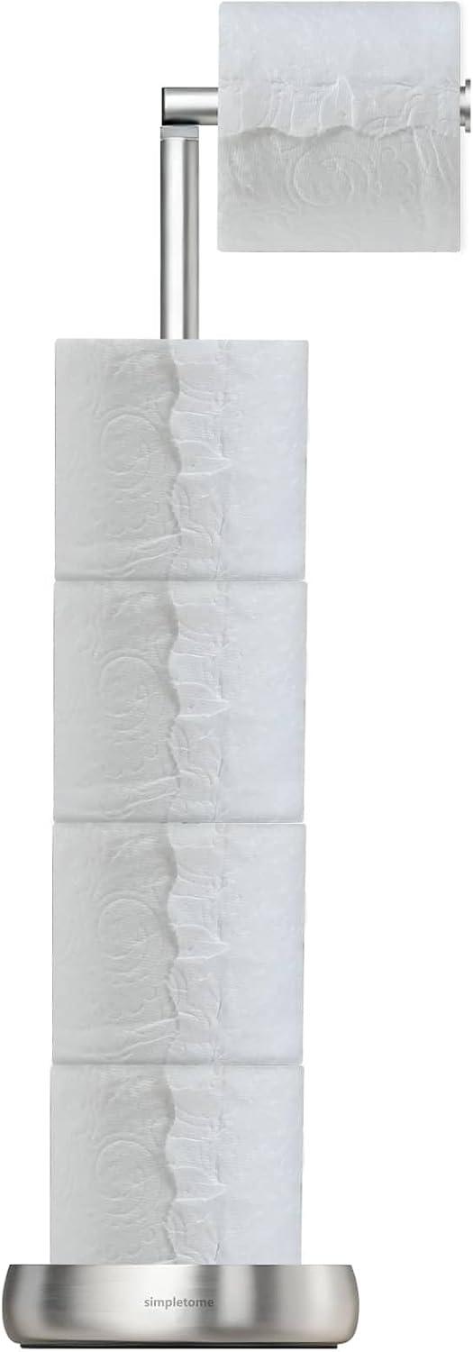 simpletome Toilet Paper Holder Stand with Storage Stable Weighted Base Bathroom Freestanding Toilet Roll Holder (304 Brushed Silvery)