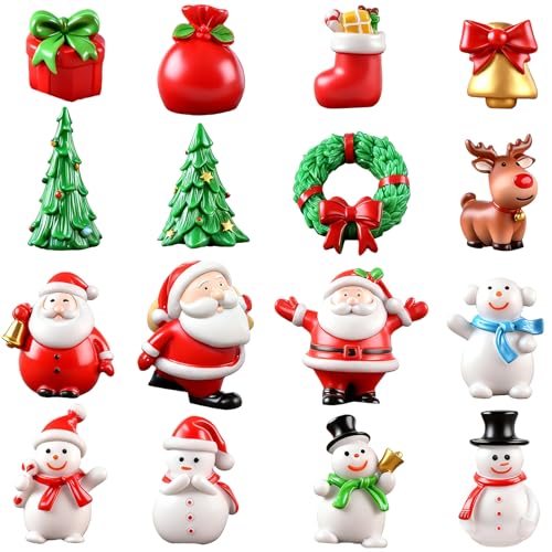 MUNSKT Mini Christmas Ornaments, 16 Pcs Miniature Christmas Figurines Decoration, for Xmas Tree, Home, Table, Cake Decorations, Festive Holiday Decor