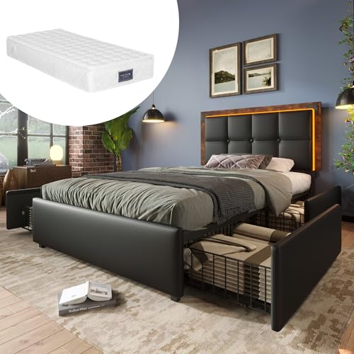 Goldicoo Cama tapizada con iluminación LED, cama individual, 90 x 200 cm, piel sintética negra, 4 cajones, cabecero regulable en altura, 97,5 x 207 x 102 cm, estructura de cama con colchón