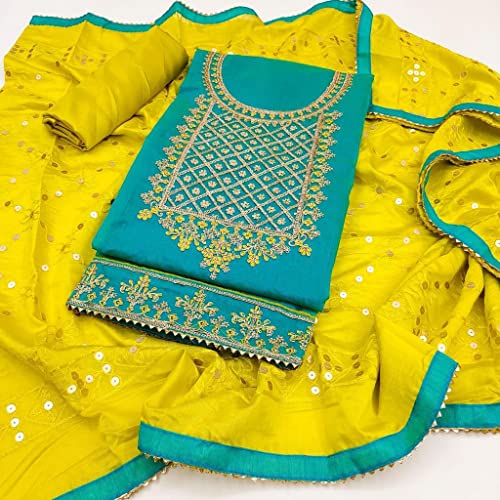 Image of Y2Y Women's Heavy Cotton Embroidery Work Unstitched Salwar Suit Dress Material With Chanderi Work Dupatta (Free Size Multi Color)