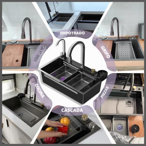 Fregadero de 1 plato multifuncional rectangular negro que soluciona la falta de espacio en la cocina 5