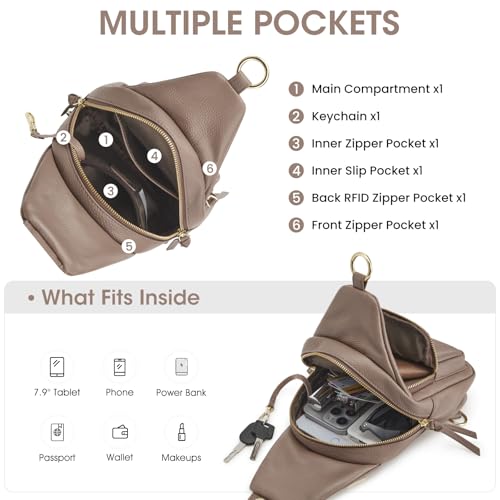Image of Kattee Small Leather Sling Bag for Women with RFID Blocking,Khaki | Top grain pebbled leather with RFID blocking, multiple pockets, and a convertible strap for travel.
