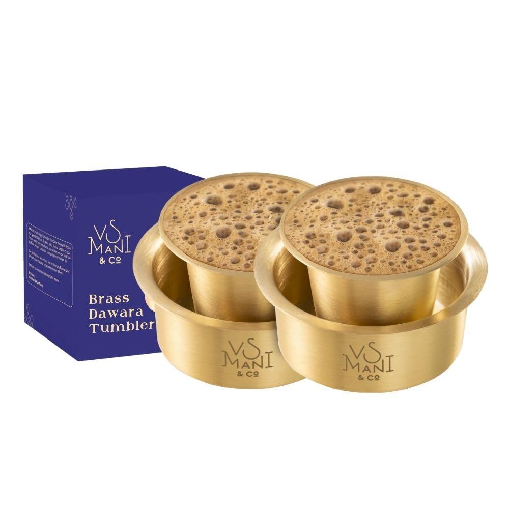 VS MANI & CO. South Indian Brass Dawara Tumbler Set - Pack of 2 x 150 ml - for Serving Filter Coffee/Tea - Golden Colour