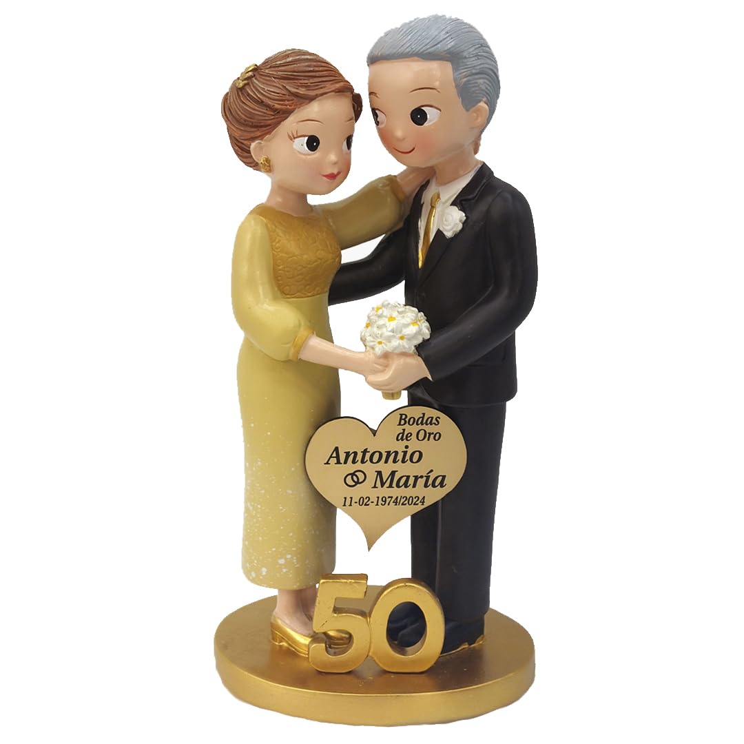 7laser, Figura Pastel Bodas de Oro, 50 Aniversario GRABADA, Personalizada con Placa Corazon con el Nombre y la Fecha del Evento grabada, para el Pastel, Tarta o Regalo
