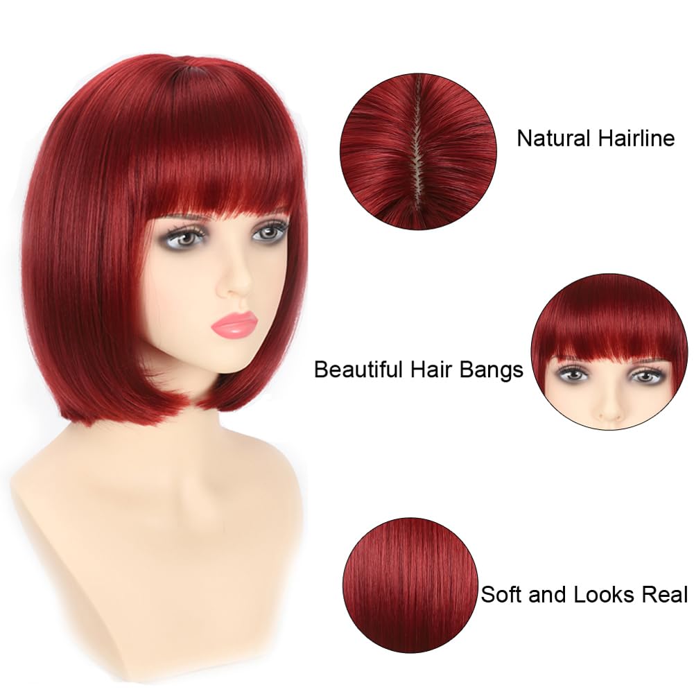 Short Straight Synthetic Bob Wig with Bangs, Heat Resistant and Glueless