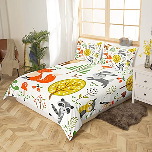 Erosebridal Cartoon Animal Duvet Cover Twin Size Kids Girls Boys Teen Cute Animals Trees Birds Owls Fox Bunny Deer Raccoon Mushroom Printed Home Decor Soft Microfiber Bedding Set With Zipper Ties #TOP2