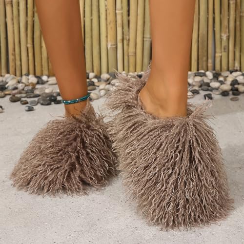 Image of Unisex Fuzzy Faux Fur Slippers, Women's Fluffy Long Hair Sheep Faux Fur Slip on Slides, Girls Luxury Big Fluffy Outdoor Flat Slippers, Long Curly Hair Non-Slip Warm Home Slide Shoes