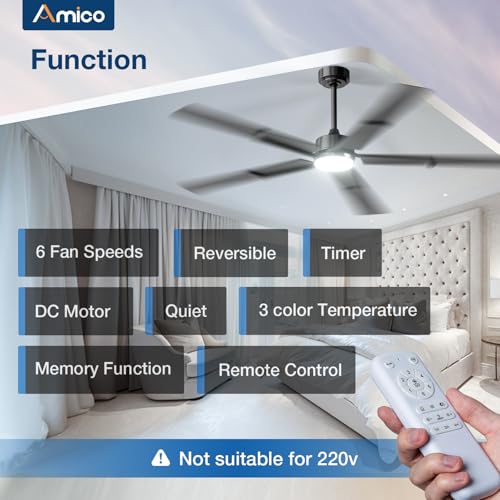Image of Amico 62 Inch Ceiling Fans with Lights and Remote, Black Indoor /Outdoor Ceiling Fan with 6 Speed, Reversible DC Motor, 3CCT, Dimmable, Noiseless modern ceiling fan for Bedroom, Living Room, Patio