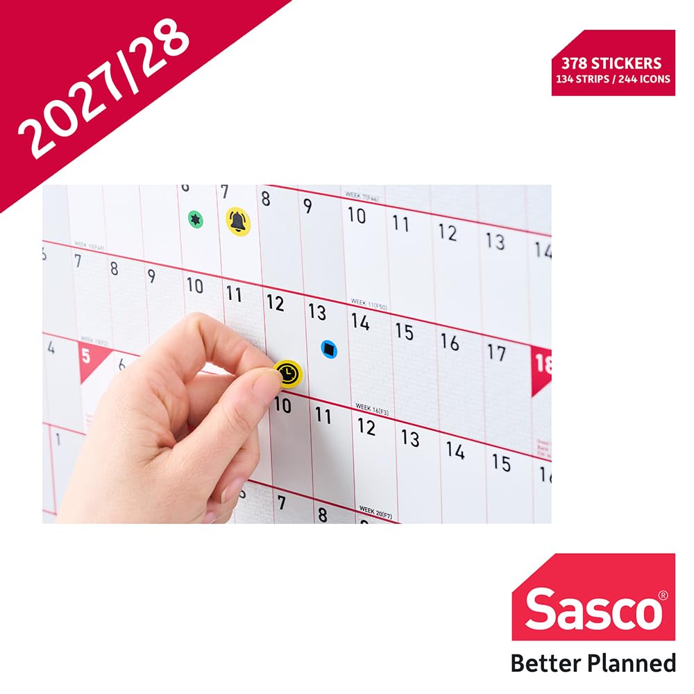 Sasco Wandplaner 2027/28, mit Feuchttuchstift und 378 Aufklebern, Grün, Bordmontage, 915 x 610 mm (B x H)