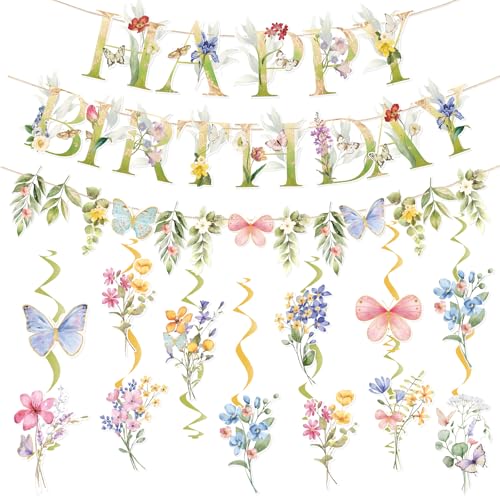 SUNBEAUTY Wildflowers Birthday Decorations Spring Summer Floral Garland Wildflower Happy Birthday Banner with Hanging Swirls Butterfly Garden Party Decor for Girls Women Baby Shower Wedding Tea Party
