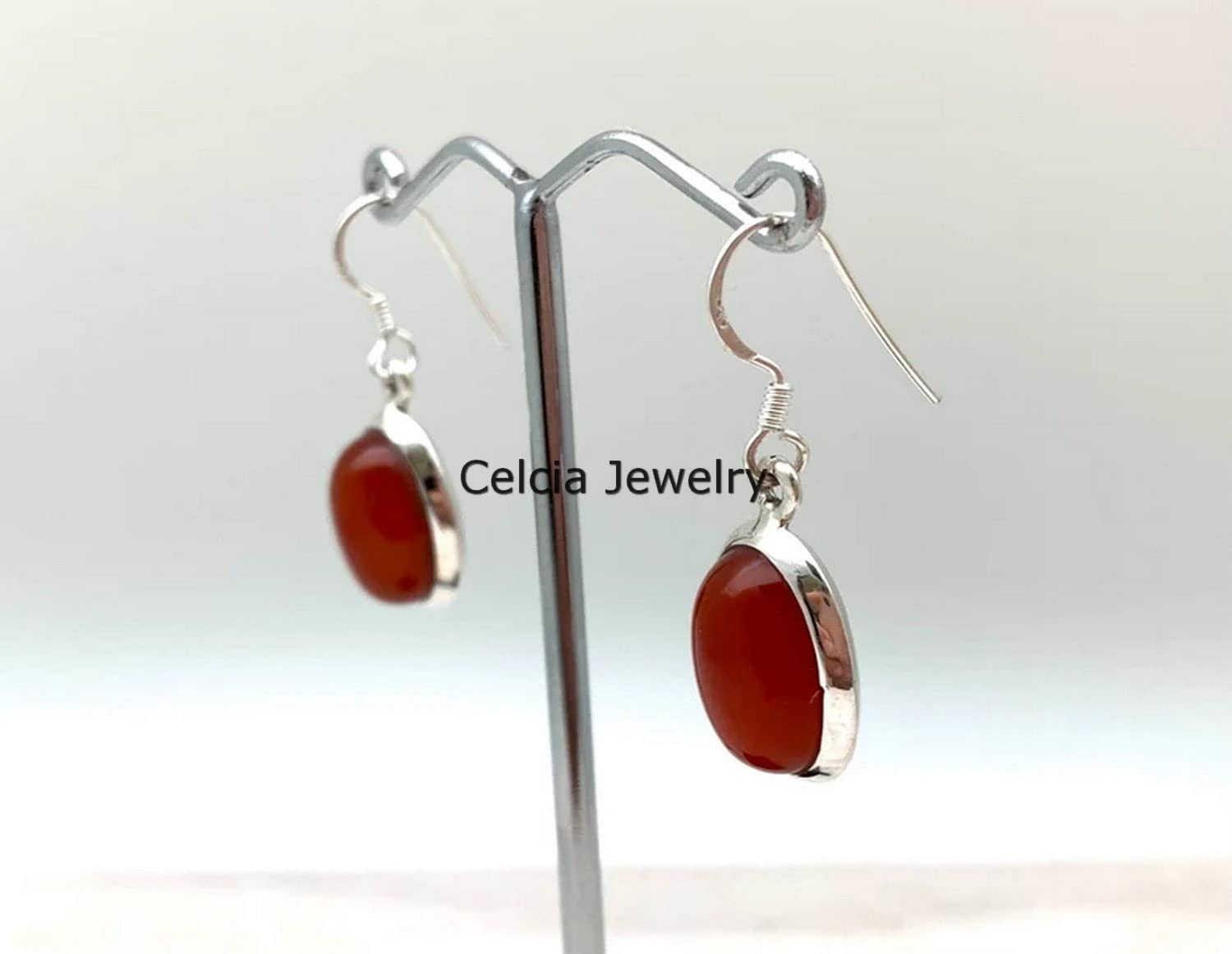 Pendientes colgantes de lágrima de plata de ley 925 auténtica para mujer, pendientes hechos a mano únicos de piedra preciosa natural de ónix rojo ovalado para ella