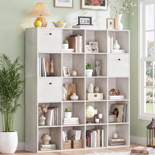 Odeekea 20 Cube Organizer Shelf White Bookshelf with 3 Fabric Storage Bins Storage Book Shelf Freestanding Bookcase for Bedroom Living Room White Book Case Office Cubicle Storage Rack