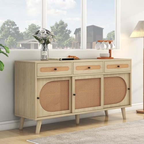 Sweiko Credenza, comò in legno con ante scorrevoli in plastica PE e ripiani regolabili, credenza multifunzione con manici in metallo e gambe in legno massiccio per soggiorno
