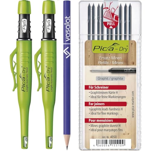 Pica Dry Set - 2x Stift automatisch mit 10x Dry Minen H Graphit unerlässlich für Hand- und Heimwerker 3-teilig
