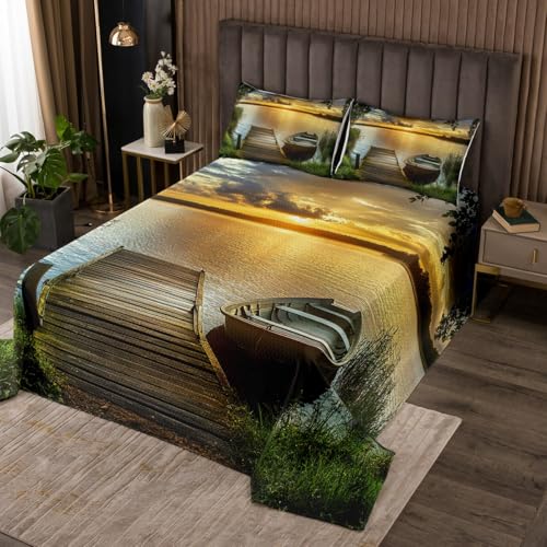 jejeloiu Lake Bedspread Queen Size Kids Boat Sunset Coverlet Set for Boys Girls Teens Lakeside Fishing Quilted Coverlet Natural Scenery Bedroom Decor