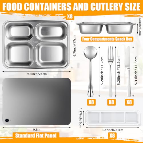 Image of 8 Pack Stainless Steel Snack Container with Lids, 4 Compartment Leakproof Bento Boxes, Reusable Metal Lunch Box & 8 Sets Portable Travel Utensil Flatware Set for Office, Travel