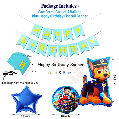 Image of Propsicle Paw-Ptrol Foil Balloon Pack of 5 with Happy Birthday Blue Fishtail Flags Pack of 1 Baby Birthday Party Supplies Item