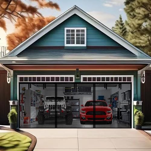 Premium Garage Door Screen for 2 Car High Garage 16x9ft, Heavy Duty Durable Fiberglass Screen Mesh, Hook & Loop Tapes, Strips, Doors Screen with Powerful Magnets, Easy to Install (16x9 Black)